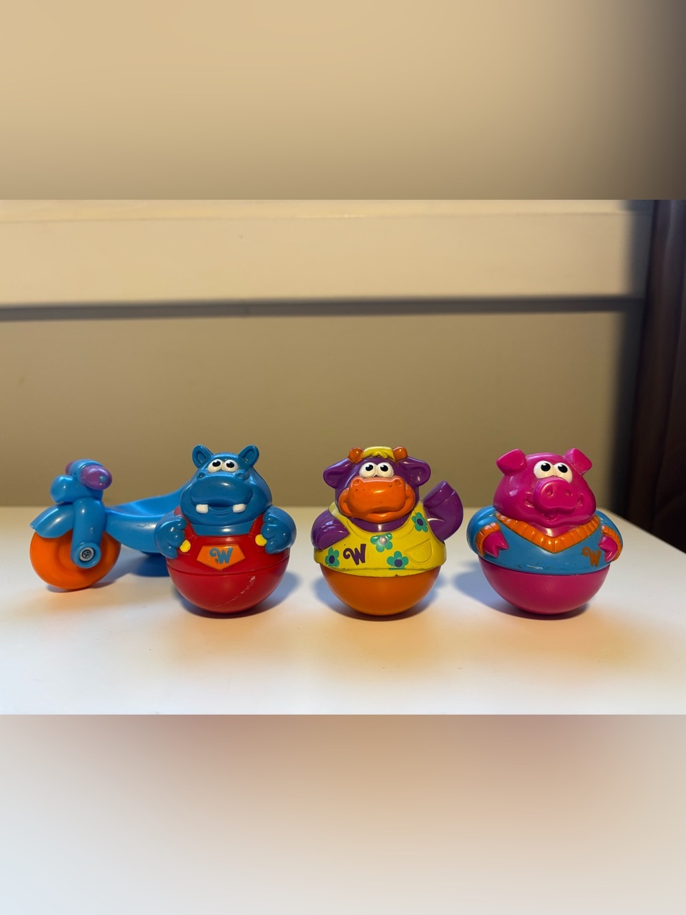 Vintage playskool weebles figures pink pig, blue hippo, purple cow